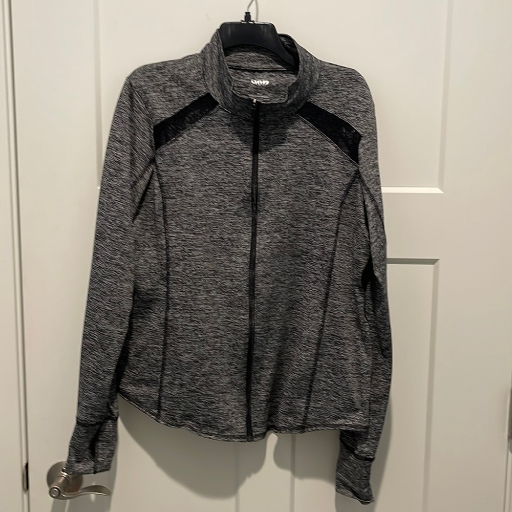 In Motion gray/black space dye jacket with lace inserts and thumb holes.